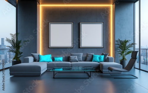 Modern apartment living room, city view, night photo