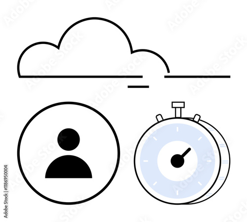 Minimalist cloud, user icon, and stopwatch showcasing cloud computing, user interaction, and time tracking. Ideal for productivity, cloud services, user-centric design, time optimization project