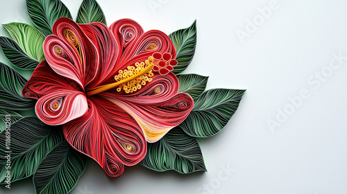 Intricate Paper Craft of Hibiscus Flowers Featuring Red Petals and Detailed Yellow Stamens