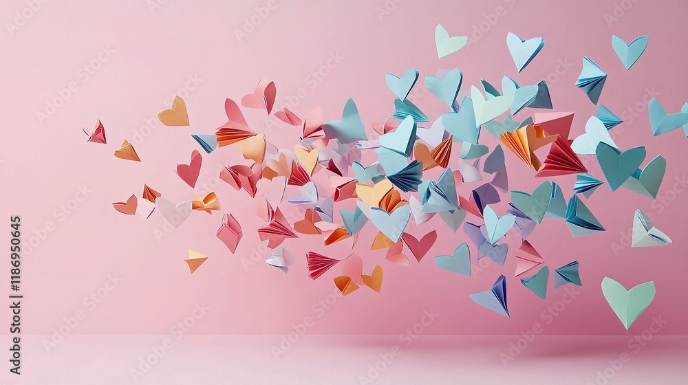 Colorful Paper Hearts Flying Over Light Pink Background Colorful Paper Hearts Flying Over Light Pink Background