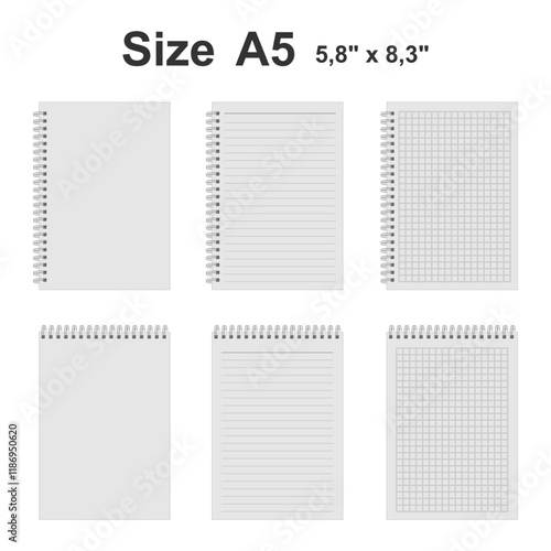 spiral notebook set with A5 paper size, vector illustration isolated on white background.