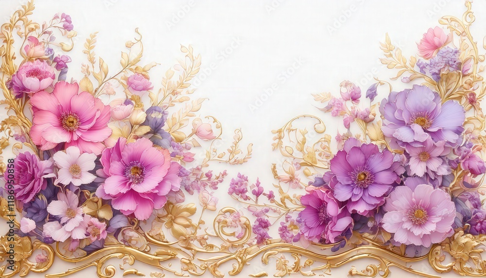 Obraz premium 花柄装飾, 装飾デザイン, 優雅なパターン, ゴールドアート, フローラルモチーフ, スタイライズされた花, クラシック装飾