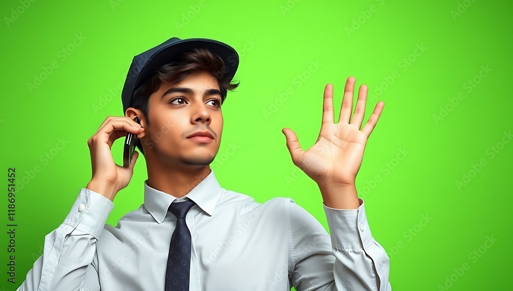 Young man in cap using phone, gesturing. Young man in cap using phone, gesturing.