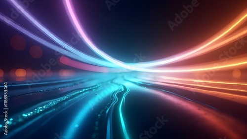 Radiant light beams of different hues intersecting on a futuristic black backdrop