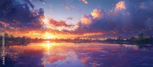Sunset Lake Reflection Colorful sky over calm water, distant trees. Peaceful nature scene for screensavers