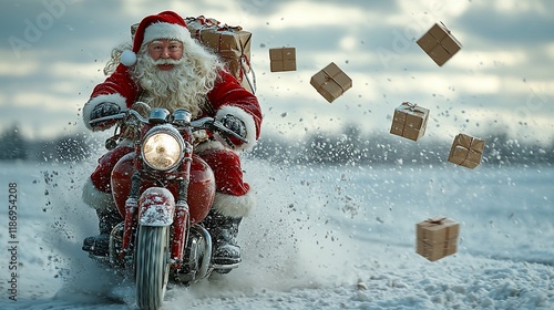 Santa Claus speeds on a motorcycle, delivering Christmas gifts through a snowy landscape.