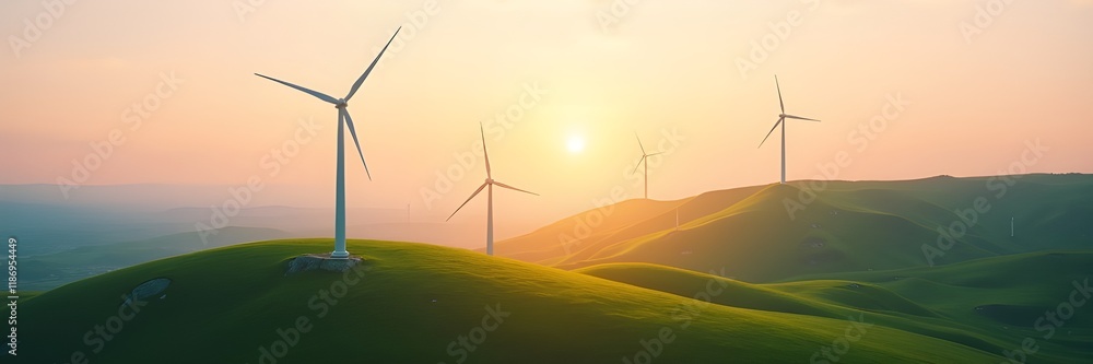 Fototapeta premium Wind turbines on a green hill during golden hour