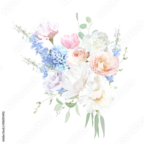 Bridgerton inspired pastel floral vector design bouquet. Blue delphinium, white peony, magnolia, pink tulips, rose, carnation, greenery and plants. All flowers and branches are isolated and movable.