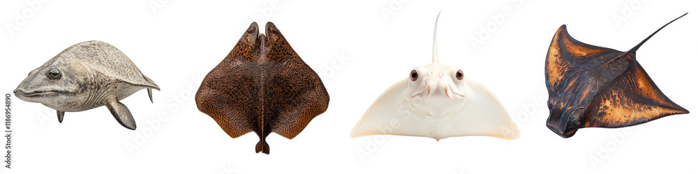 Fototapeta premium Four Unique Species of Rays Displayed on a White Background for Educational Purposes
