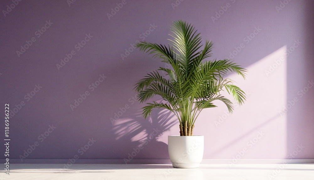Minimalist interior, purple room, one potted plant, stark purple walls, sunlight casting shadows, empty space, bright white floor. Generative AI Minimalist interior, purple room, one potted plant, stark purple walls, sunlight casting shadows, empty space, bright white floor. Generative AI