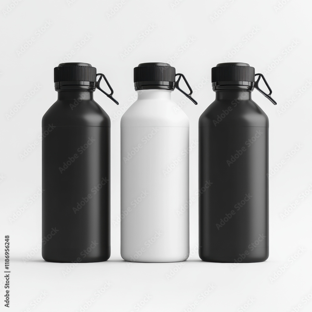 Reusable water bottles in black and white colors, showcasing modern design. Ideal for eco friendly lifestyles and hydration on go Reusable water bottles in black and white colors, showcasing modern design. Ideal for eco friendly lifestyles and hydration on go