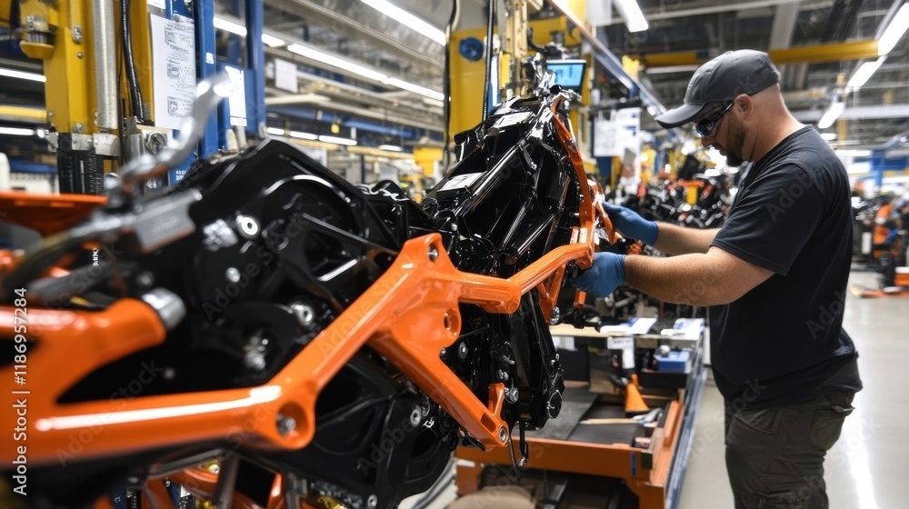 Fototapeta premium Factory worker wearing safety glasses and gloves carefully assembles the orange and black frame of a motorcycle within a bustling manufacturing plant