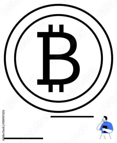 Large Bitcoin logo encircled, solitary figure holding tablet. Ideal for finance, digital currency, blockchain, investment tech, fintech industry, market strategy, abstract line flat metaphor