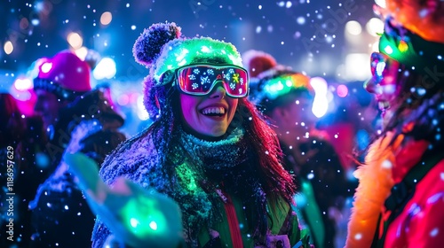 Woman smiling, snowy festival, light show, winter fun, event