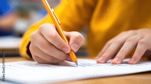 Student Writing Exam, Close-up Hand