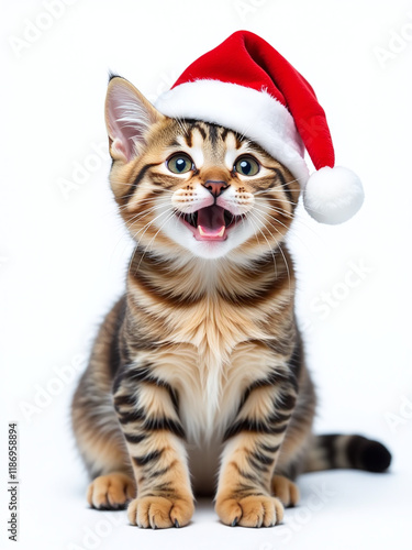 A Happy Cat Is Isolated On A White Background Wearing A Festive Santa Hat In A Playful Winter Scene. 00002 photo