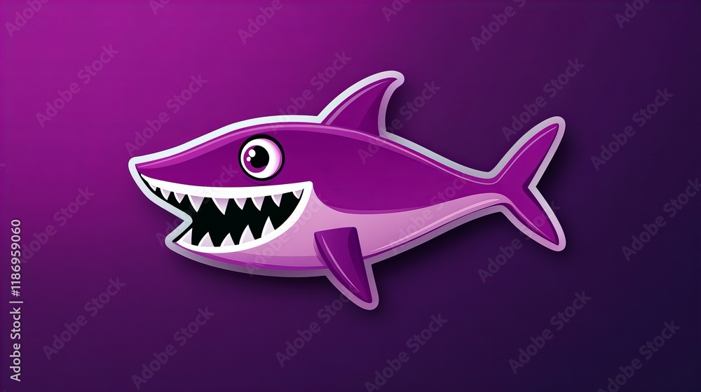 Fototapeta premium Playful purple shark cartoon illustration against a deep purple background. A fun design perfect for kids!