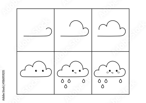 Cute cloud. Step by step drawing. Coloring page, coloring book page. Black and white vector illustration.