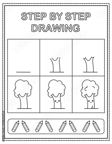 Cute tree. Book page, drawing step by step. Black and white vector coloring page.