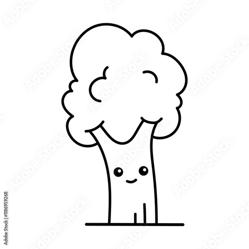 Cute tree. Cute character, black and white kawaii illustration, coloring page.