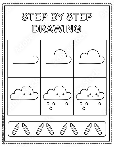 Cute cloud. Book page, drawing step by step. Black and white vector coloring page.