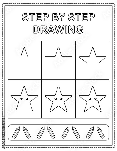 Cute star. Book page, drawing step by step. Black and white vector coloring page.