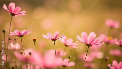 Pink cosmos flowers in a field at sunset.