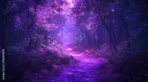 Magical purple forest path at night.