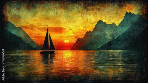 Sailboat at sunset on a lake with mountains.