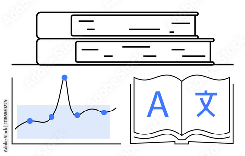 Stack of books graph with dots open book with language symbols. Ideal for education, research, data analysis, bilingual learning, knowledge expansion, academic growth, cultural exchange. Line
