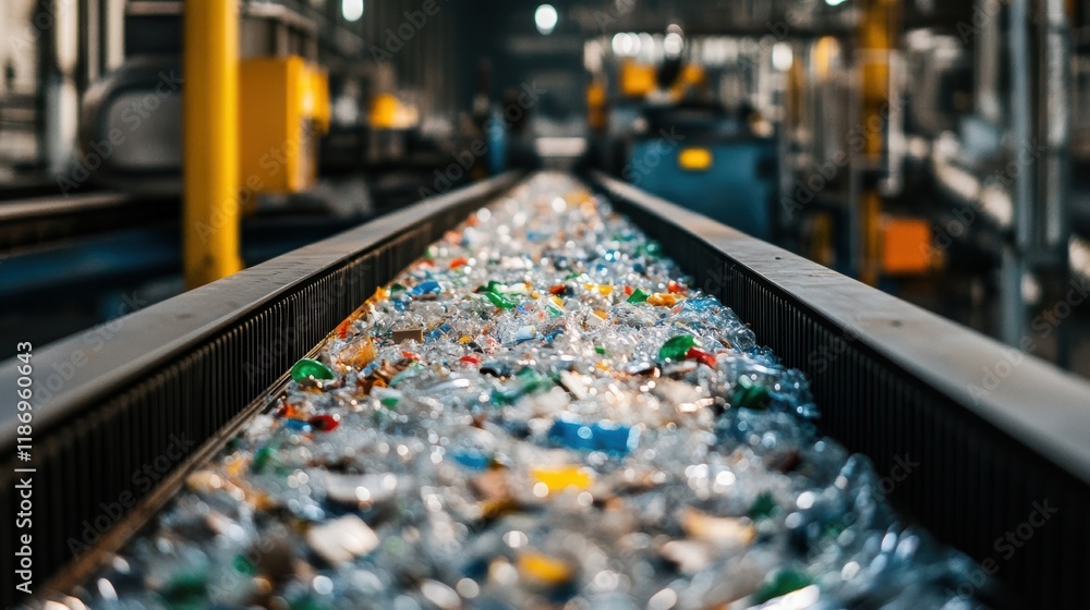 Plastic bottles are transported on a conveyor belt in a recycling plant, undergoing processing for reuse and contributing to environmental sustainability Plastic bottles are transported on a conveyor belt in a recycling plant, undergoing processing for reuse and contributing to environmental sustainability