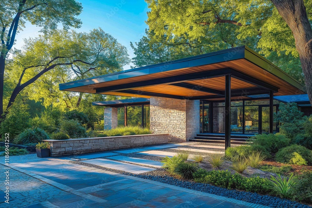 Modern steel carport in a family home. Modern house in the background Modern steel carport in a family home. Modern house in the background