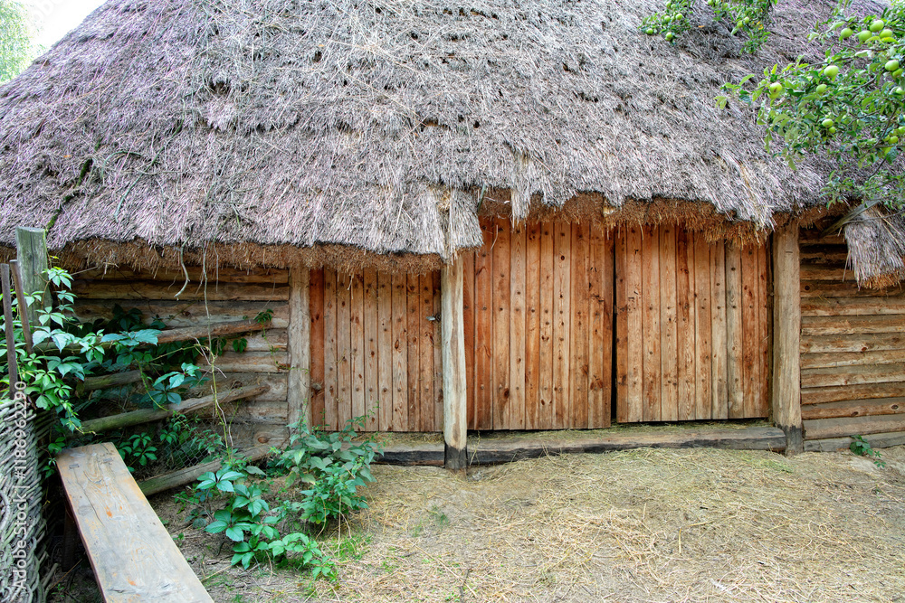 Rustic charm of an ancient thatched roof cottage nestled in a lush green landscape
