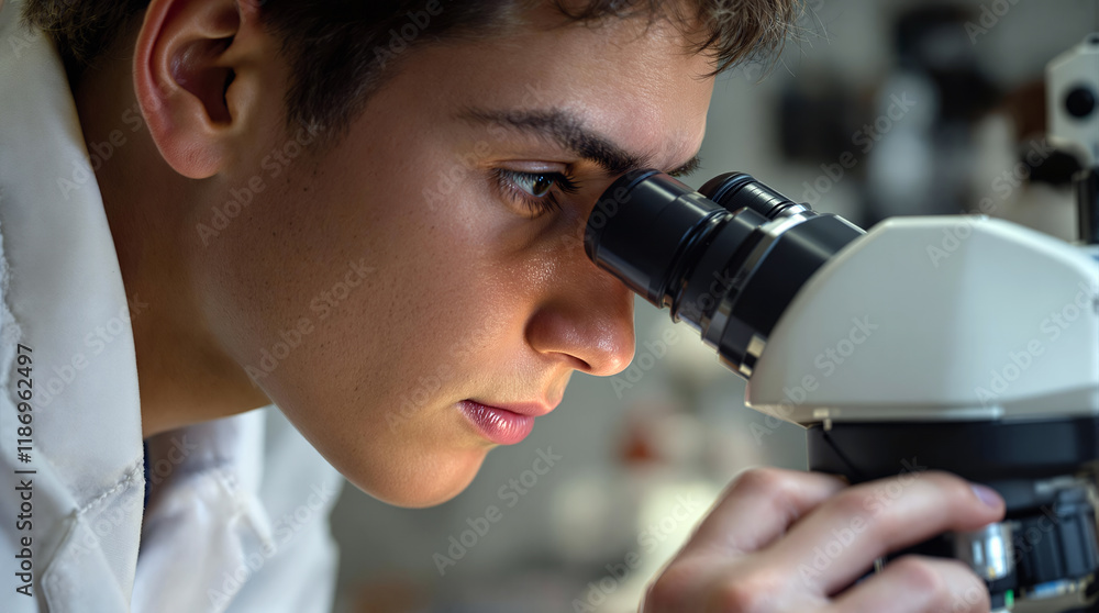 Fototapeta premium Curious Student Investigating Microscopic Sample in Educational Setting