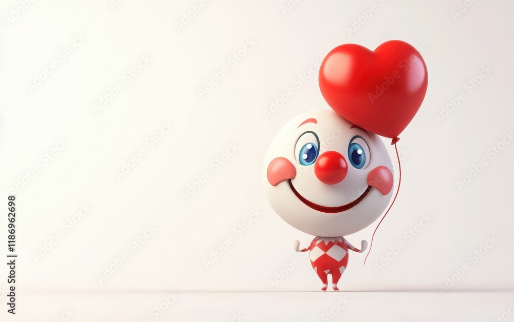 Fototapeta premium Adorable 3D emoji clown face with a red nose, blue eyes, holding a heart-shaped balloon, simple design, flat shading, white isolated background 