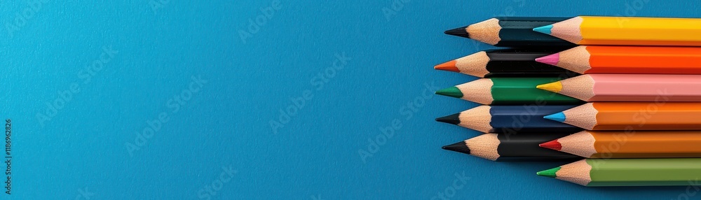 A vibrant arrangement of colored pencils against a blue background, showcasing their tips and colors for creative inspiration.