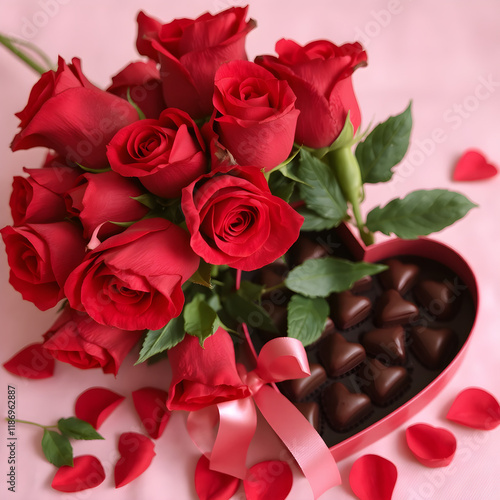Un hermoso regalo de san Valentín, que incluye flores y chocolates