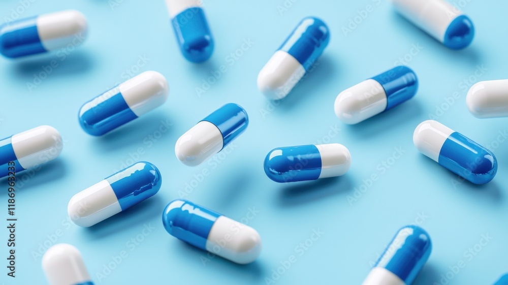 Blue and white capsules on a blue background pharmaceutical subject close-up view health concept Blue and white capsules on a blue background pharmaceutical subject close-up view health concept