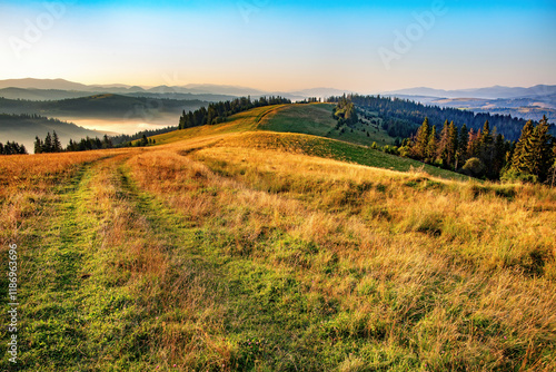 Majestic sunrise over rolling hills with golden grass and distant mountains in serene landscape