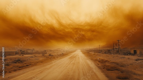 Intense dust storm in desert town with swirling sand and dramatic skies.