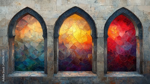 Three arched stained-glass windows in warm sunset colors. photo