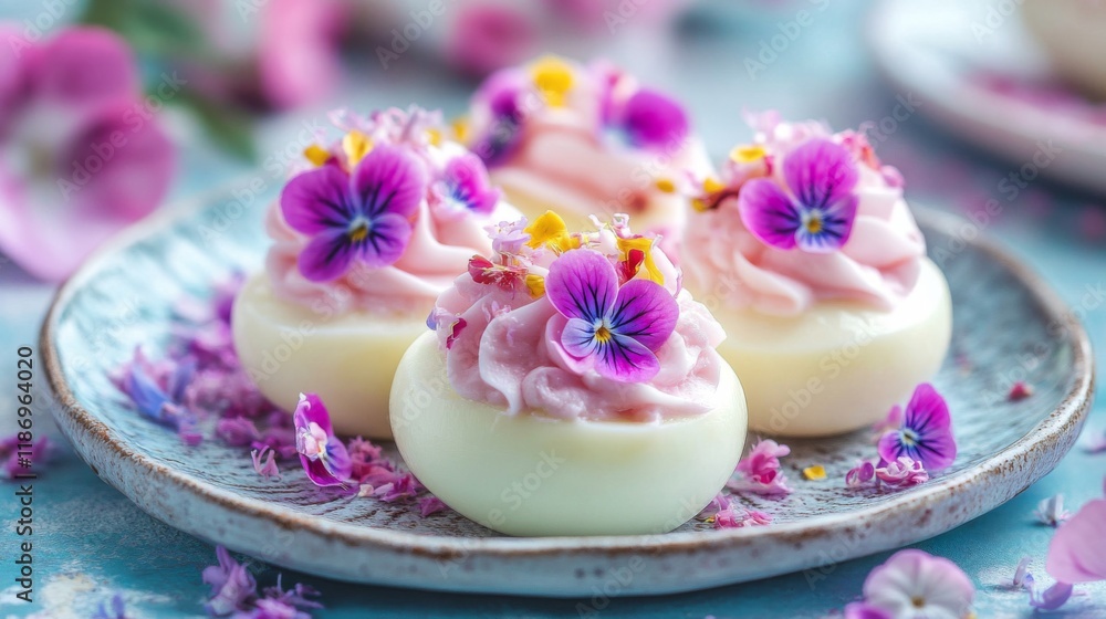Delicate Deviled Eggs Garnished With Edible Flowers Delicate Deviled Eggs Garnished With Edible Flowers
