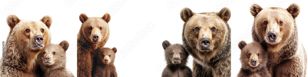 Group of Four Bears Including Two Adult Bears and Two Cute Cubs in Forest Setting