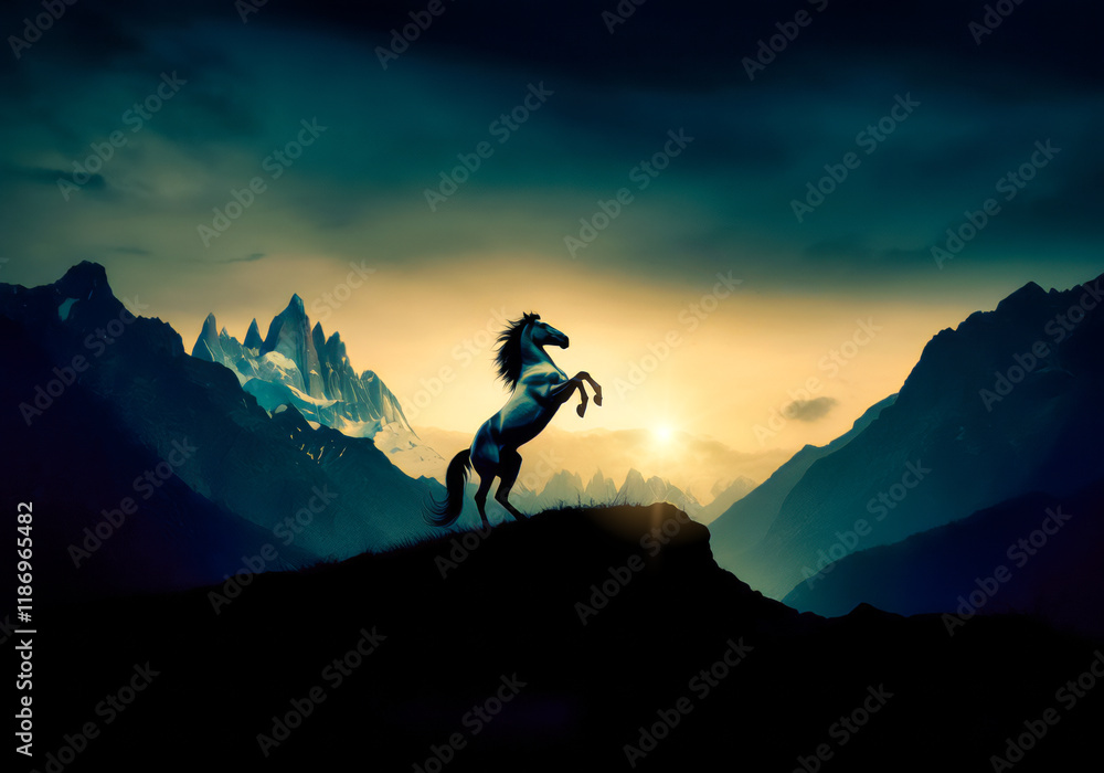 Fototapeta premium silhouette of a horse at sunset canyon wild west background illustration