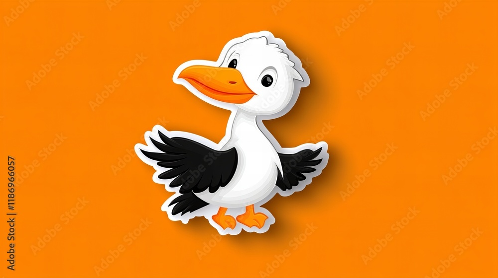 Fototapeta premium Adorable cartoon pelican chick on a vibrant orange background. Perfect for kids' projects!