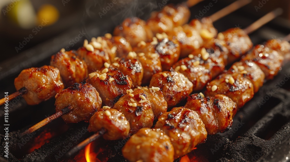 Close-up of sizzling grilled meat skewers on a barbecue grill. Close-up of sizzling grilled meat skewers on a barbecue grill.