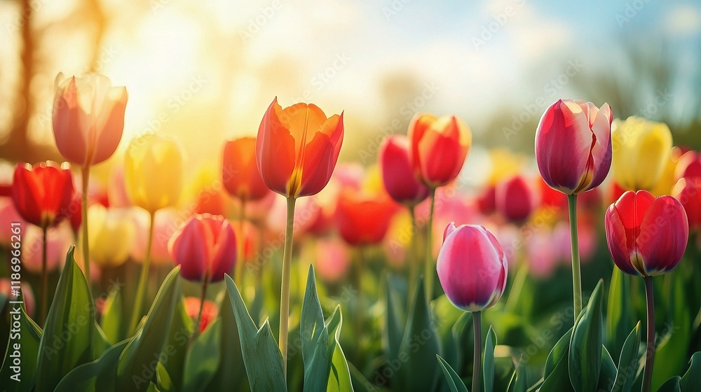 Vibrant Rows of Colorful Tulips in a Sunny Garden Landscape Vibrant Rows of Colorful Tulips in a Sunny Garden Landscape
