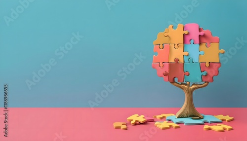 Goal of life, growth and, motivation concept: Abstract puzzle pieces forming a tree, growth through challenges.