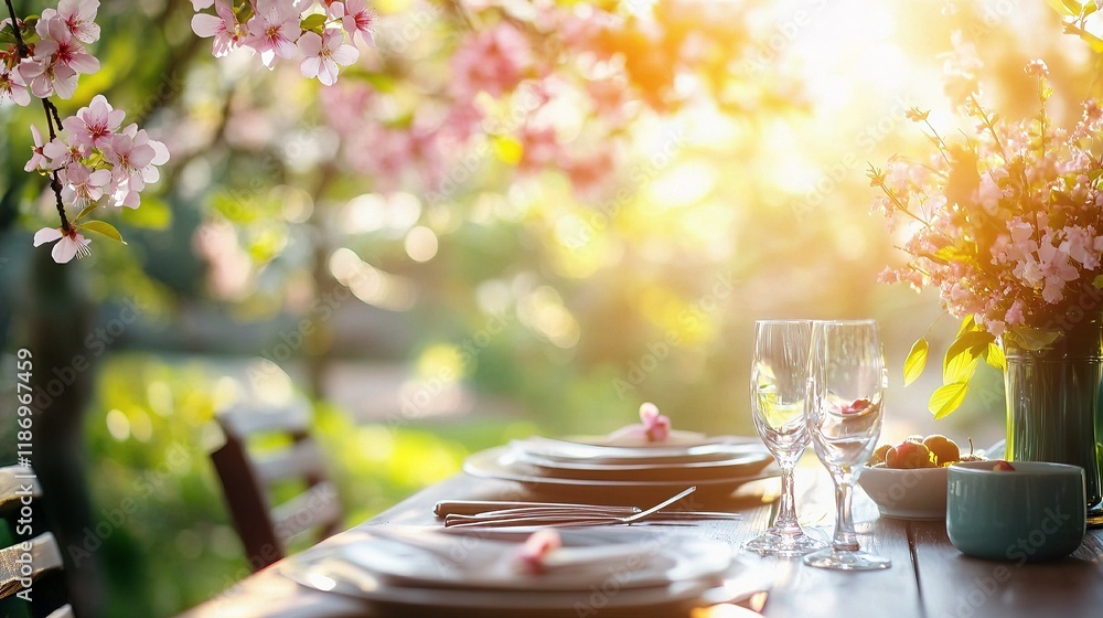 Spring Table Setting with Blooming Trees and Soft Light Spring Table Setting with Blooming Trees and Soft Light