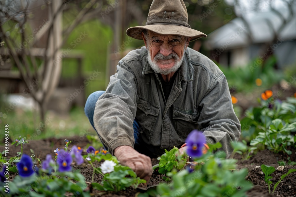 Fototapeta premium Elderly gardener tending to vibrant flowers in outdoor garden. Gardening inspires patience and nurtures sustainable living.